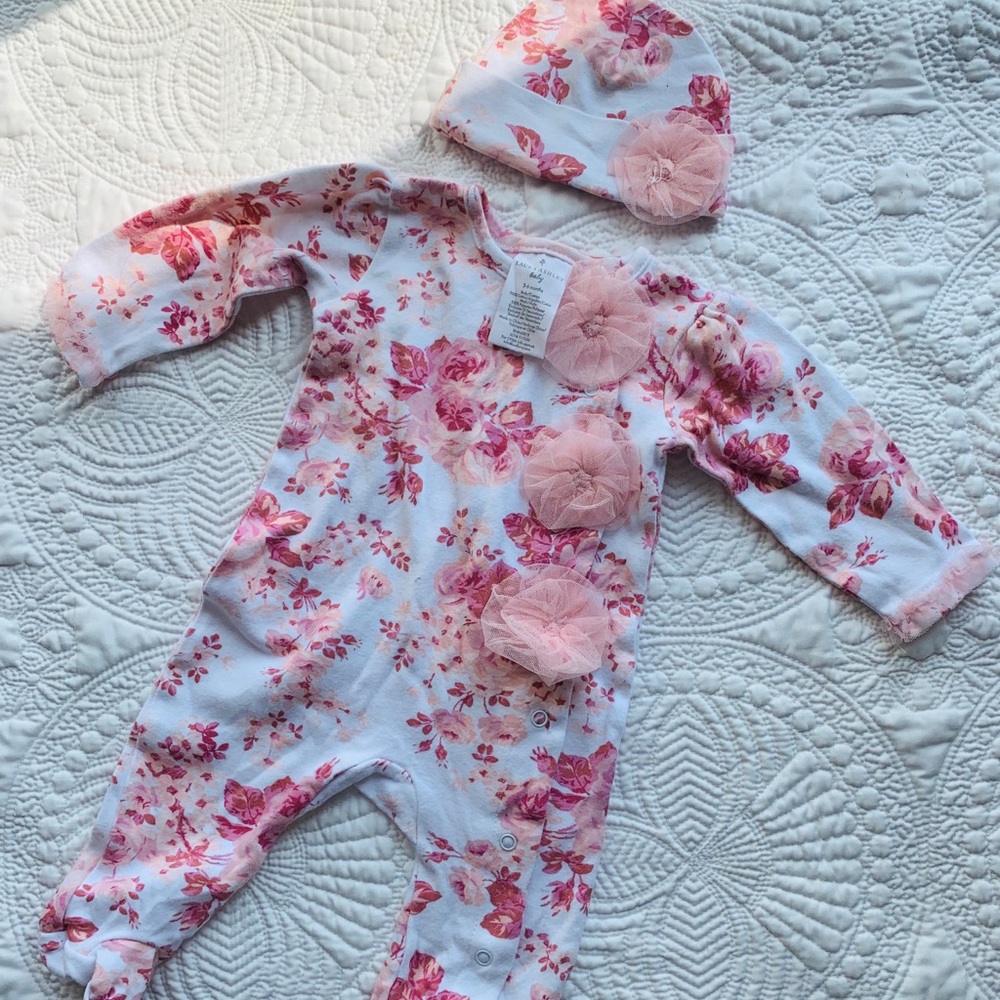 Laura Ashley 3-6 month one piece and hat.